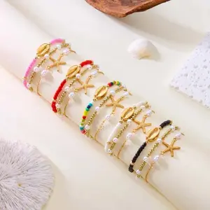 Fashion Starfish Shell Anklets for Women Vintage Metal Multilayer Pearl Beaded Personality Foot Chain Summer Beach Jewelry Gifts