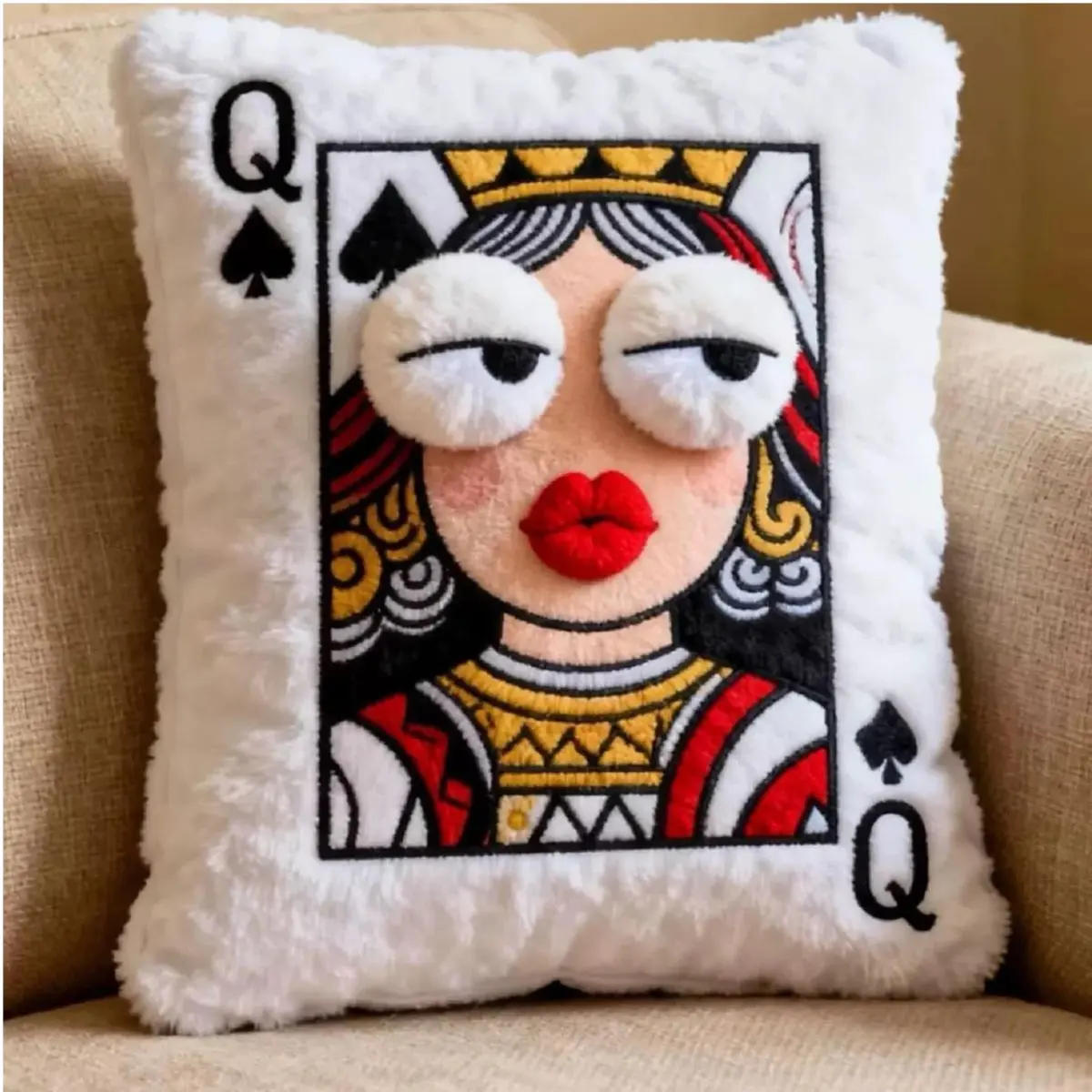Queen of Spades Throw Pillow – 14x16 Inch Soft Flannel Cushion with 3D Embroidery for Couch & Living Room