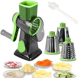 GPED Rotary Cheese Grater with Handle, Cheese Grater Rotary Shredder with 3 Interchangeable Blades and Strong Suction Base, round Mandoline Slicer & Food Chopper for Kitchen, Green