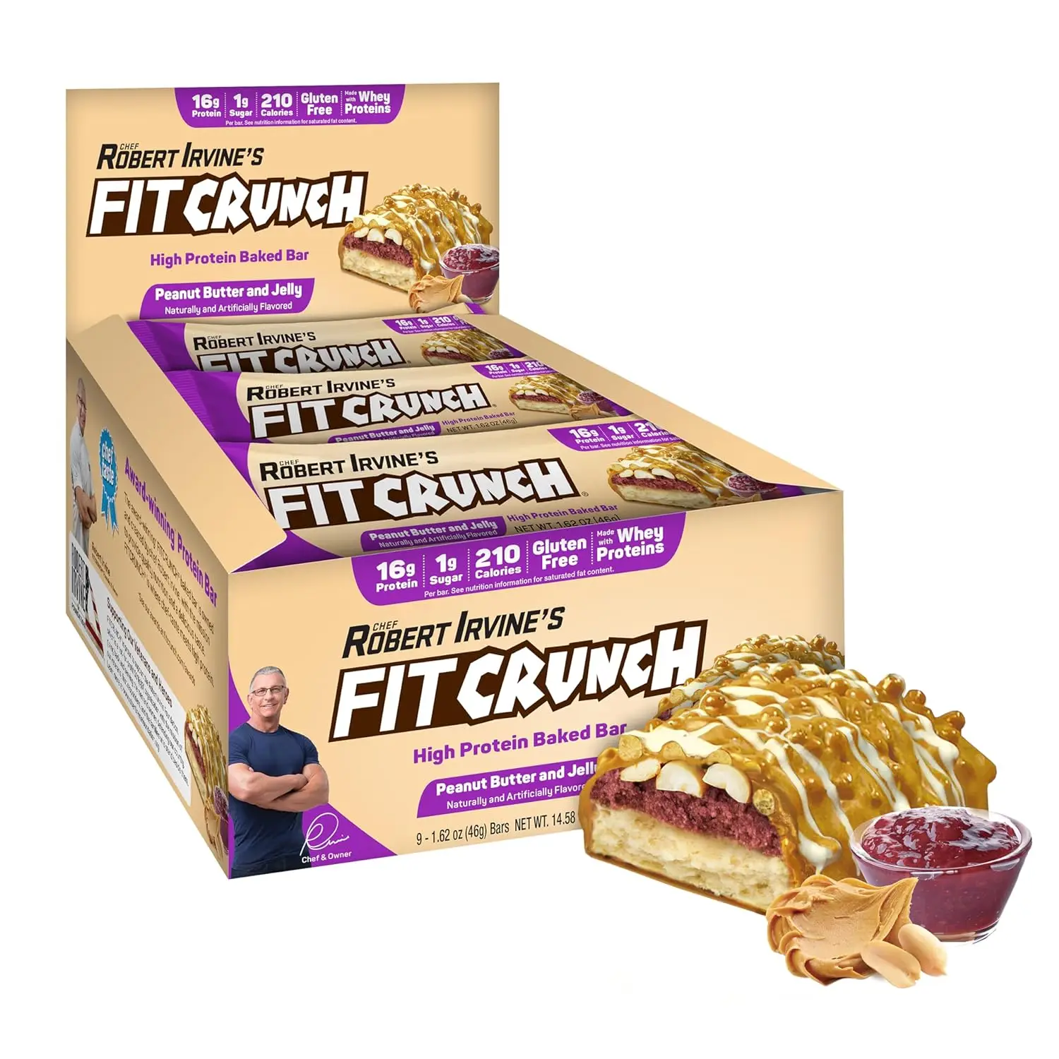FITCRUNCH Snack Size Protein Bars, Designed by Robert Irvine, 6-Layer Baked Bar, Gluten Free & Soft Cake Core (9 Count, Peanut Butter and Jelly)
