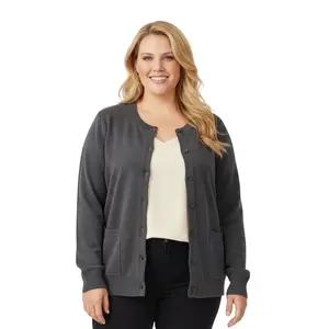 Women's Soft Cotton Button-Up Cardigan Crewneck Sweater Long Sleeves with Front Pockets