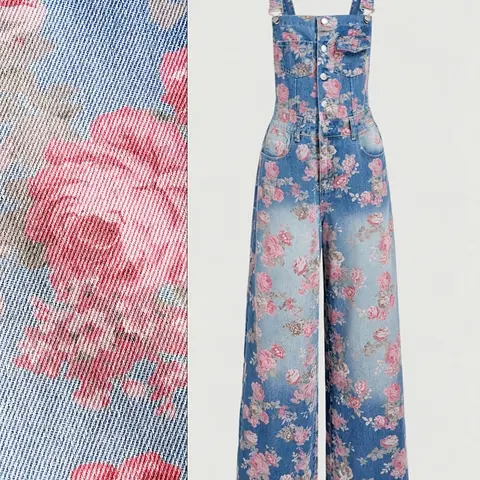 2025 Spring Summer Vintage Washed Gradient Blue Overalls, All-Over Pink Rose Floral Print, High-Waisted Fit, Adjustable Buckle Straps, Loose Straight-Leg One-Piece Elegant Fit Jumpsuit Elegance Style