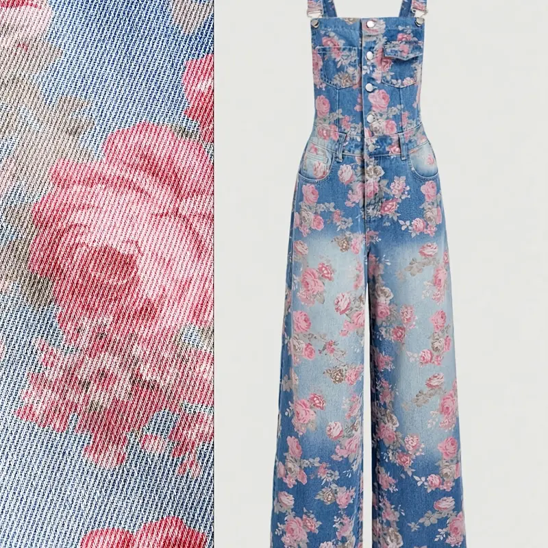 2025 Spring Summer Vintage Washed Gradient Blue Overalls, All-Over Pink Rose Floral Print, High-Waisted Fit, Adjustable Buckle Straps, Loose Straight-Leg One-Piece Elegant Fit Jumpsuit Elegance Style