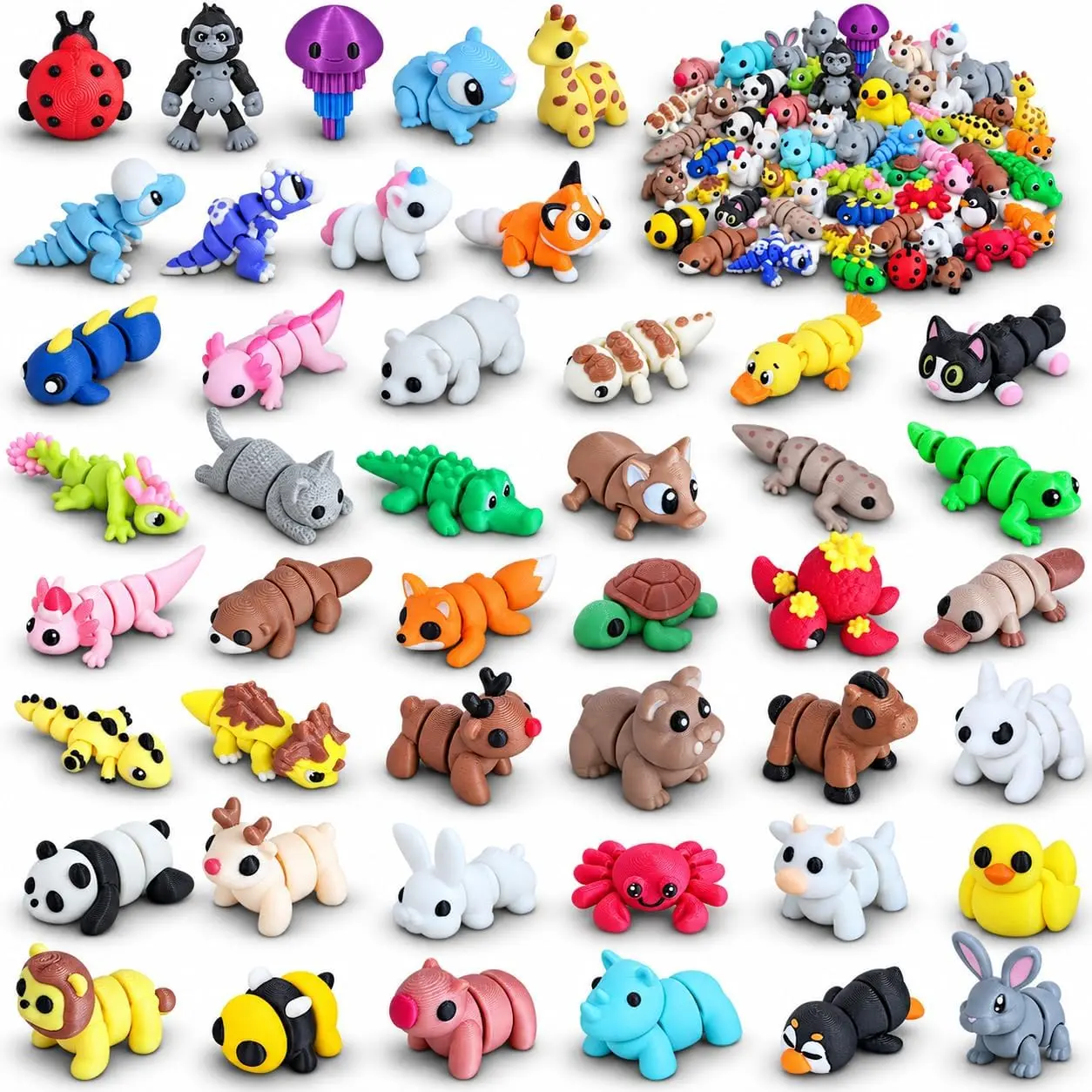 48 Pcs Fun Surprises 3D-Printed Articulating Figurines - 3D-Printed Animals, Flexible Poseable Fidget Toys, Desk Collectibles, Bag-Packaged Gifts for 3 and Up, Classroom Prizes, Party Favors