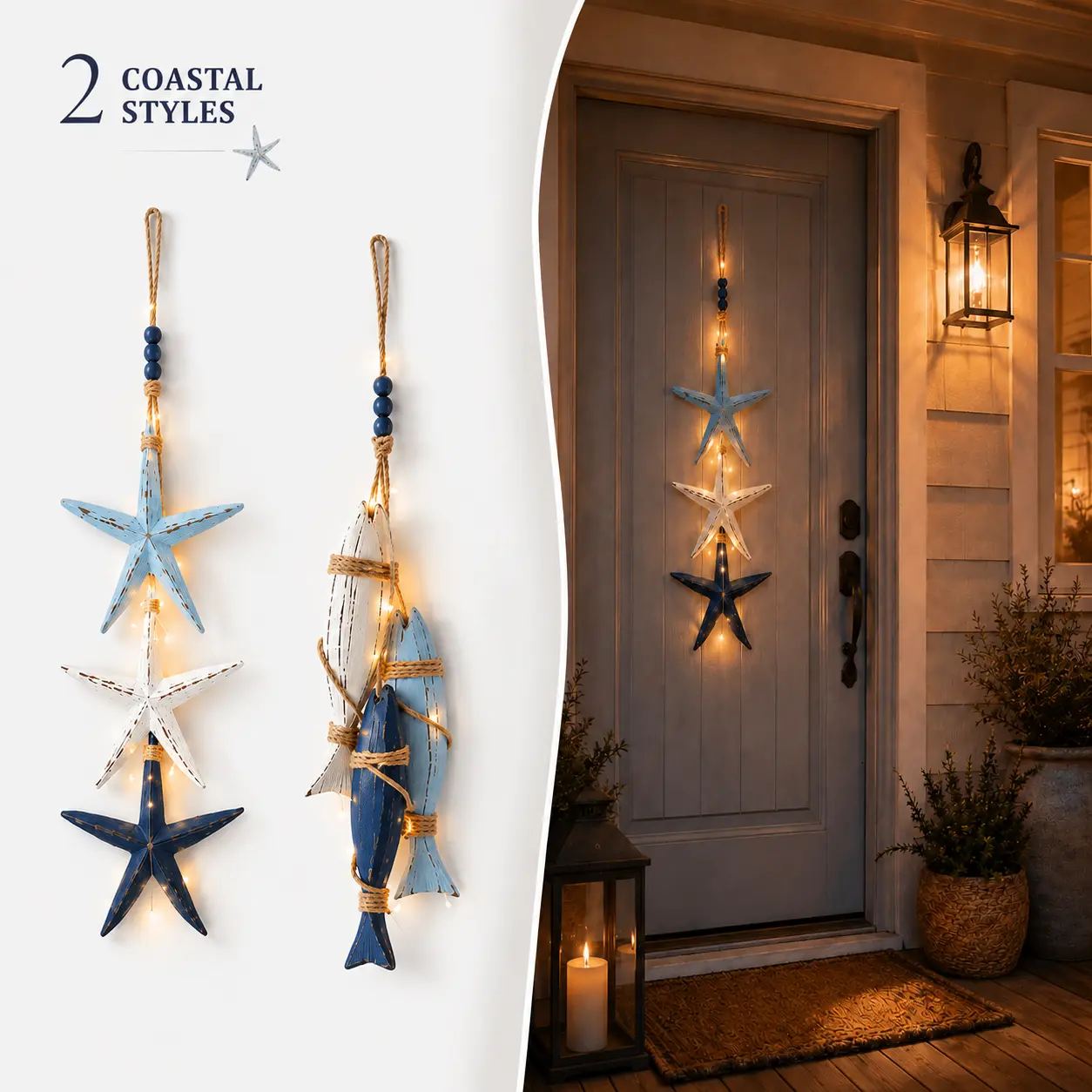 Distressed Vintage Wood Starfish Fish Hanging Sign With Warm LED Lights Nautical Coastal Wall Decor Beach House Entryway Front Door Ornament Ocean Style Bathroom Porch Decor Housewarming Gift