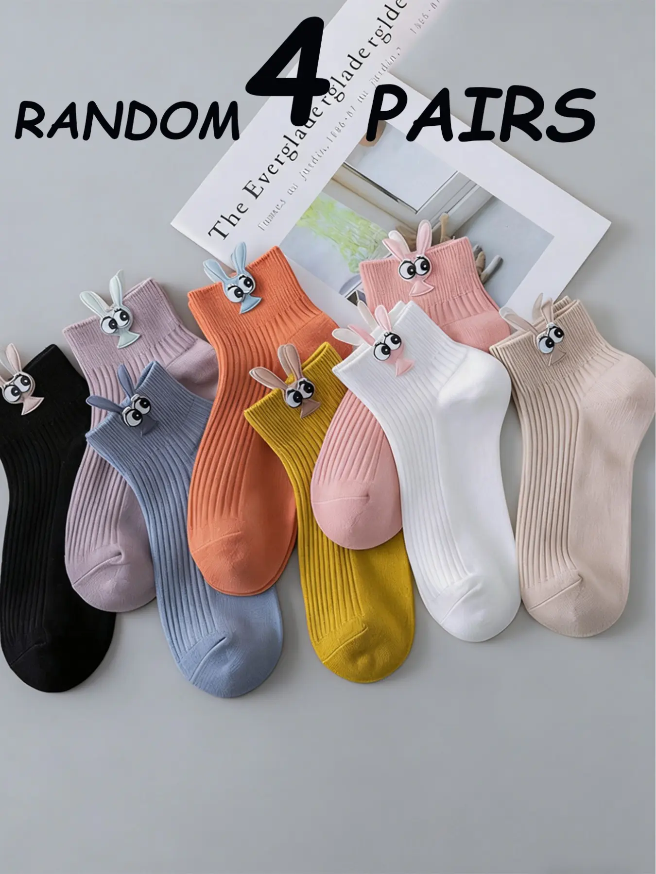 4 Pairs Random 3D Rabbit Ears Cartoon Short Socks, Fun and Cute Design, Perfect for Kids and Adults, Comfortable and Stylish Footwear