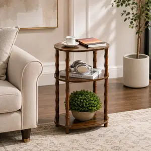 3-Tier Rustic Brown Round Side Table (15.7"×11.6"×24.4") Multi-Use Accent End Table & Nightstand with Bamboo-Inspired Wooden Legs for Small Spaces