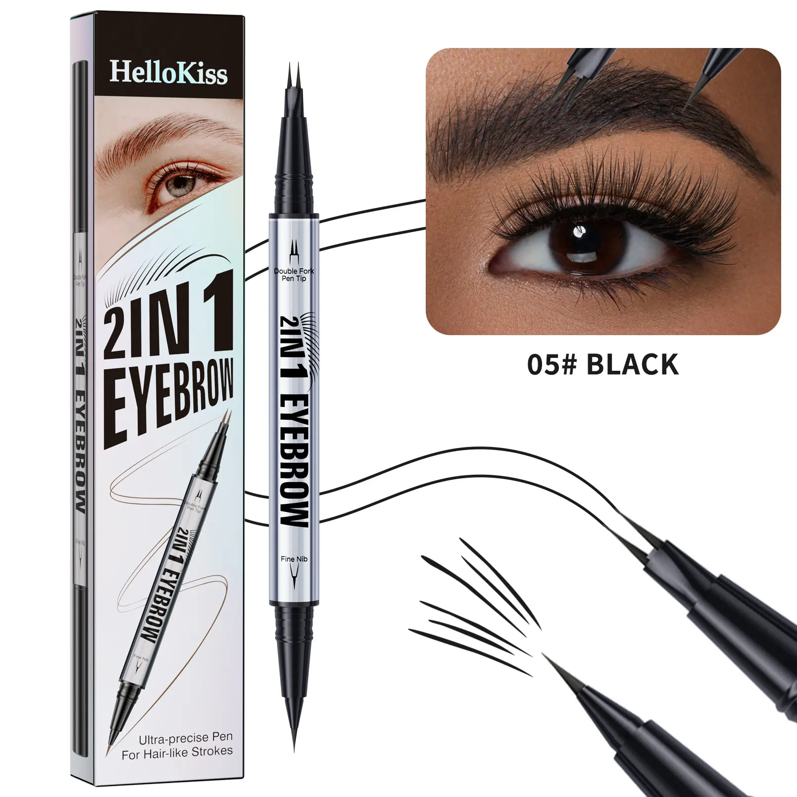 Dual Tip 2-IN-1 Microblading Eyebrow Pen 2-Prong Fork Liquid Brow Pen Waterproof Smudge-Proof Oil Resistant Natural Hair-Like Brows Dual-End Precision Fine Nib Defined All Day Brows Pure Black Shade Long Lasting Makeup Cosmetic