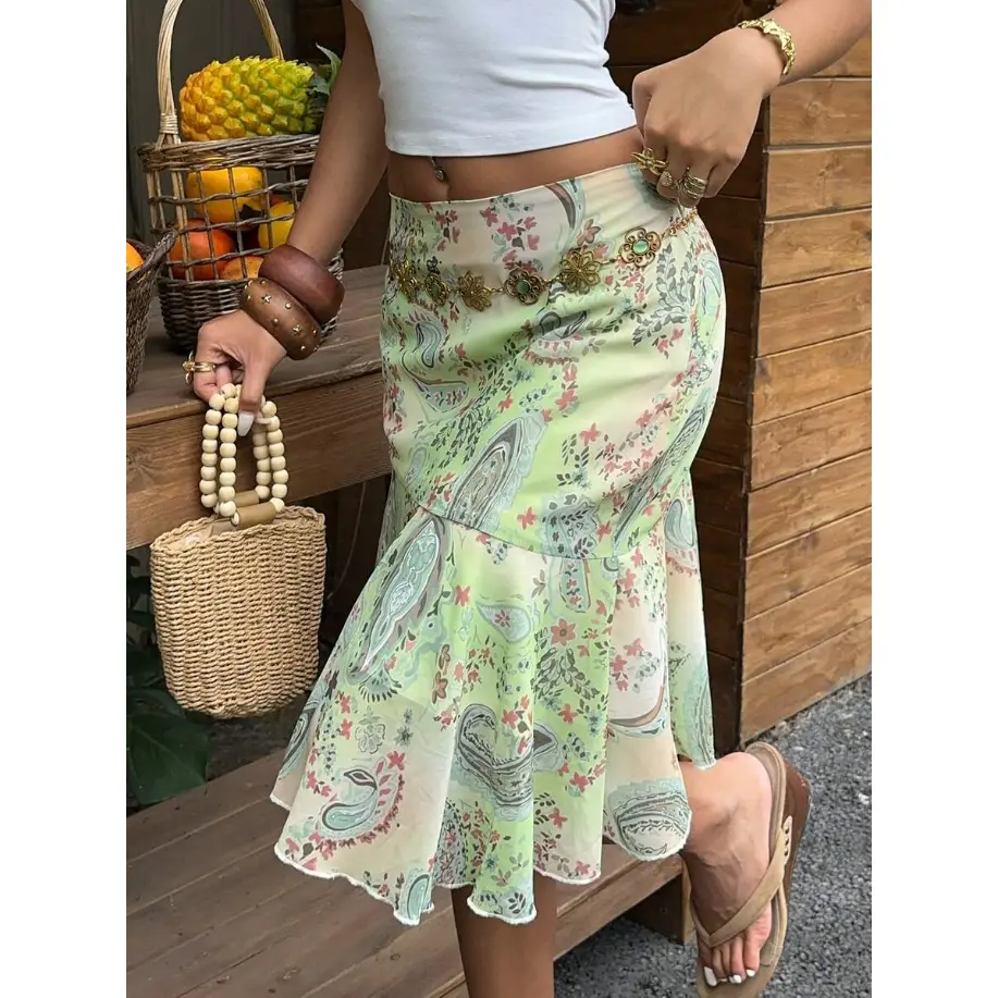 Women's Green Printed Chiffon Midi Skirt Summer Beach Vacation Low Rise Boho Skirt