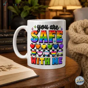 3D EFFECT You Are Safe With Me Mug, Rainbow Pride Faux 3D LGBTQ Support Coffee Mug Ceramic