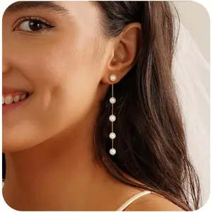 Pearl Earrings，4mm 5mm 6mm Gold/Silver Dangle Earrings for Women White Long Drop Pearl Dangling Earrings Bridal Wedding Dainty Prom Earrings Birthday Gifts Jewelry