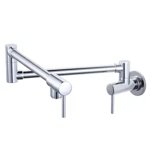 WOWOW Vintage Wall-Mount Pot Filler Faucet, Polished Chrome Brass Double-Handle Kitchen Tap with 2 Aerators, Adjust-Flow Function, Swing-Arms and Folding Design