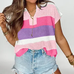 Womens Summer Lightweight Colorful Color Block Sweater Notch V Neck Short Sleeve Knit Sweater T Shirt Casual Womenswear Striped Striped