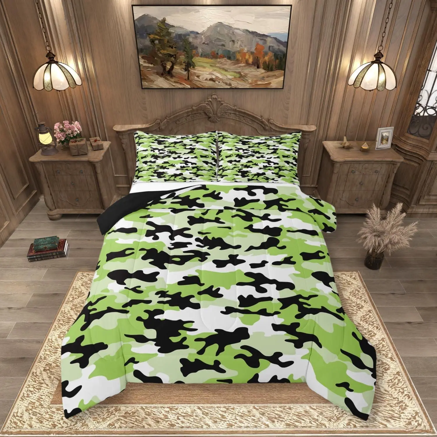 Green Camouflage Comforter Set,Army Retro Militarily Geometric Bedding Set for Kids Boys Girls | Kids Teens Camo Army Campaign Comforter Military Themed Duvet Insert