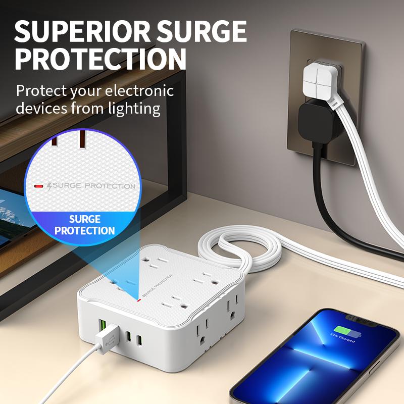 8 AC sockets,6.5FT/10FT/15FT extension cord power board,12-in-1 power board/power socket/power strip, maximum power of 1250.W, 10A, 2 USB 2Type-C, suitable for home, office, travel and computer.