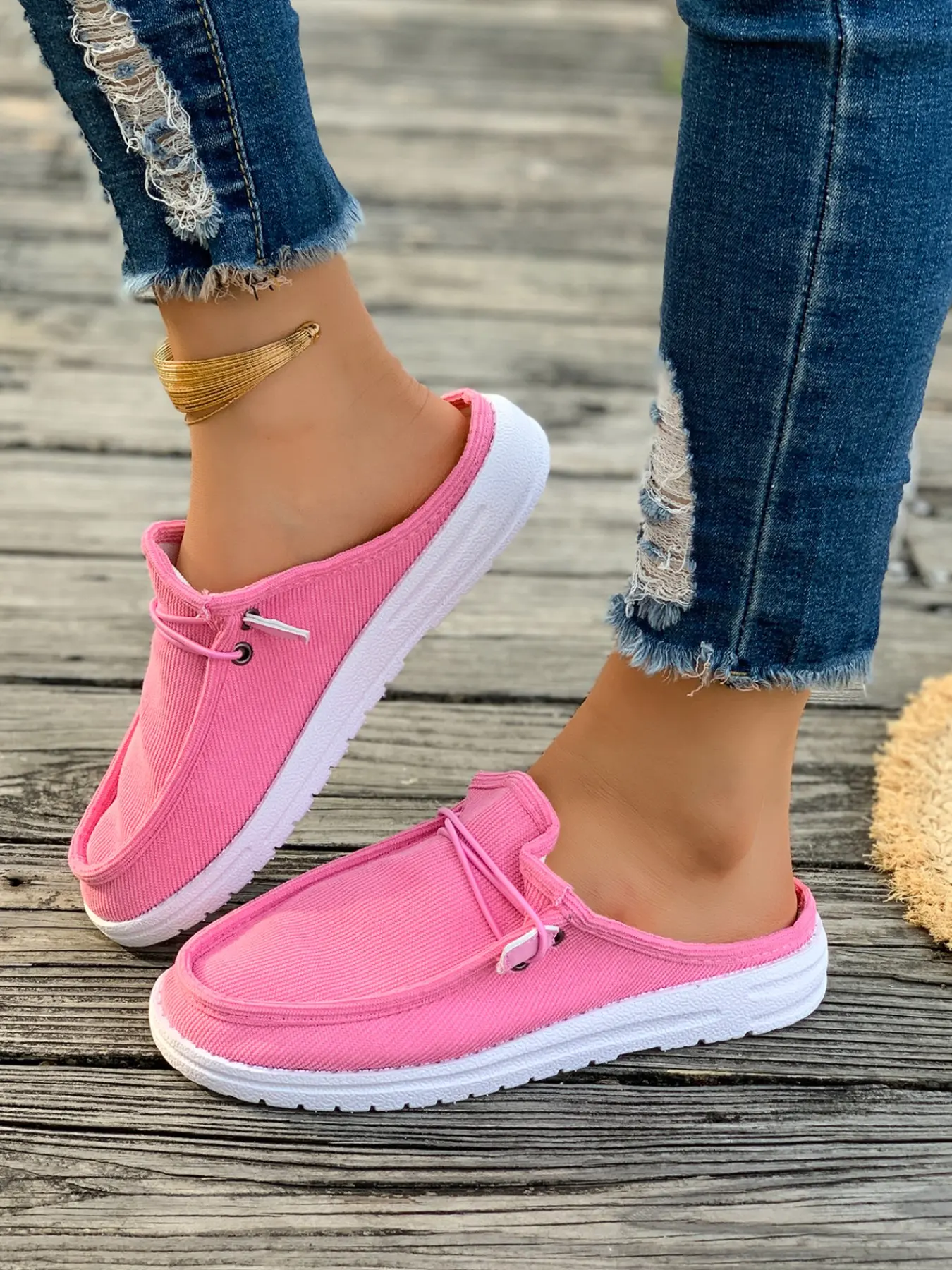 Women's Lightweight Breathable Slip On Round Toe Linen Patchwork Slip-On Sneakers, Half Insole Comfort Casual Leisure Shoes, Fashion Durable Design No Tie Shoes, Slip On Trainers