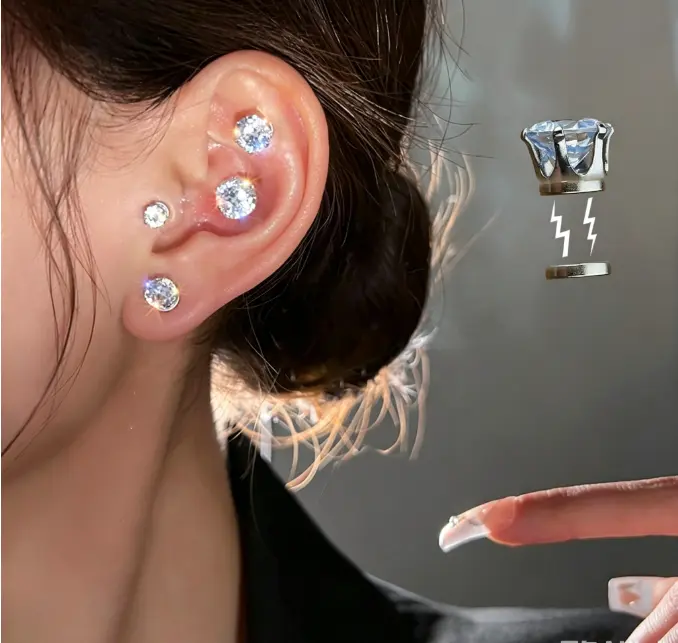 Pack of 3 minimalist fashion stud earrings with rhinestones, magnetic studs, niche high-end style, fashion ear clips/studs for women, cartilage clip, unique earring accessories