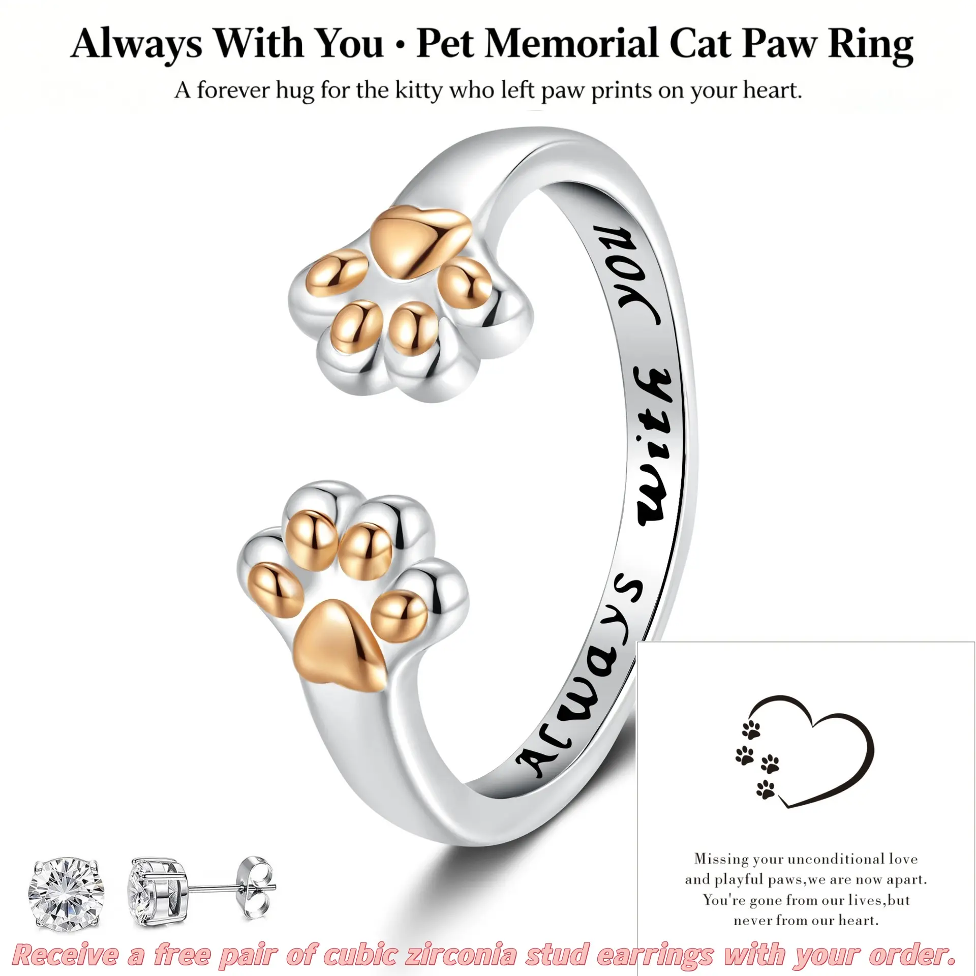 Rexviao Women's Luxury Adjustable Open Golden Paw Cubic Zirconia Ring - Artificial Gemstone Finger Ring, Commemorative Pet Memorial Jewelry Gift with Exquisite Packaging, Commemorative Ring