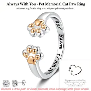 Rexviao Women's Luxury Adjustable Open Cat Paw Ring, Daily Pet Memorial Jewelry, Eternal Tribute to Beloved Cats, with Exquisite Packaging