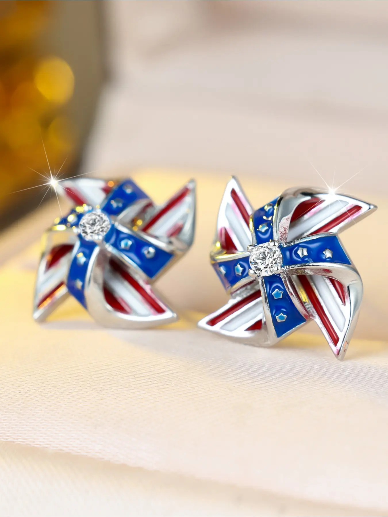 1 Pair Silvery Plated American Flag Windmill Ear Studs, Red White Blue Enamel Cubic Zirconia Earrings, Patriotic Jewelry For Women, 4th Of July, Rhinestone Earrings