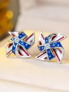 1 Pair Silvery Plated American Flag Windmill Stud Earrings, Red White Blue Enamel Cubic Zirconia Earrings, Patriotic Jewelry For Women, 4th Of July, Rhinestone Earrings