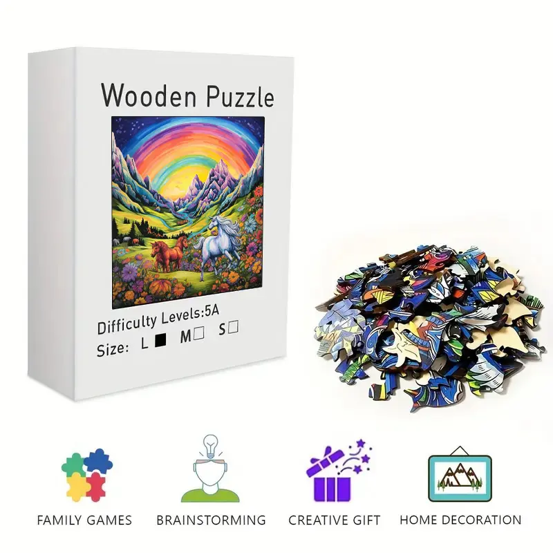 Rainbow Mountain Horses Wooden Jigsaw Puzzle for Adults & Kids - Challenging Irregular Pieces, Psychedelic Meadow Landscape Puzzle, Stress Relief Brain Teaser, Framable Wall Art & Home Decor