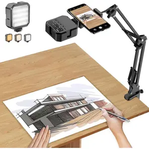 Overhead Phone Mount, Articulating Arm Cell Phone Holder with LED Light, Flexible Phone Stand for Live Streaming, Video Recording, Painting Lighting, Cooking