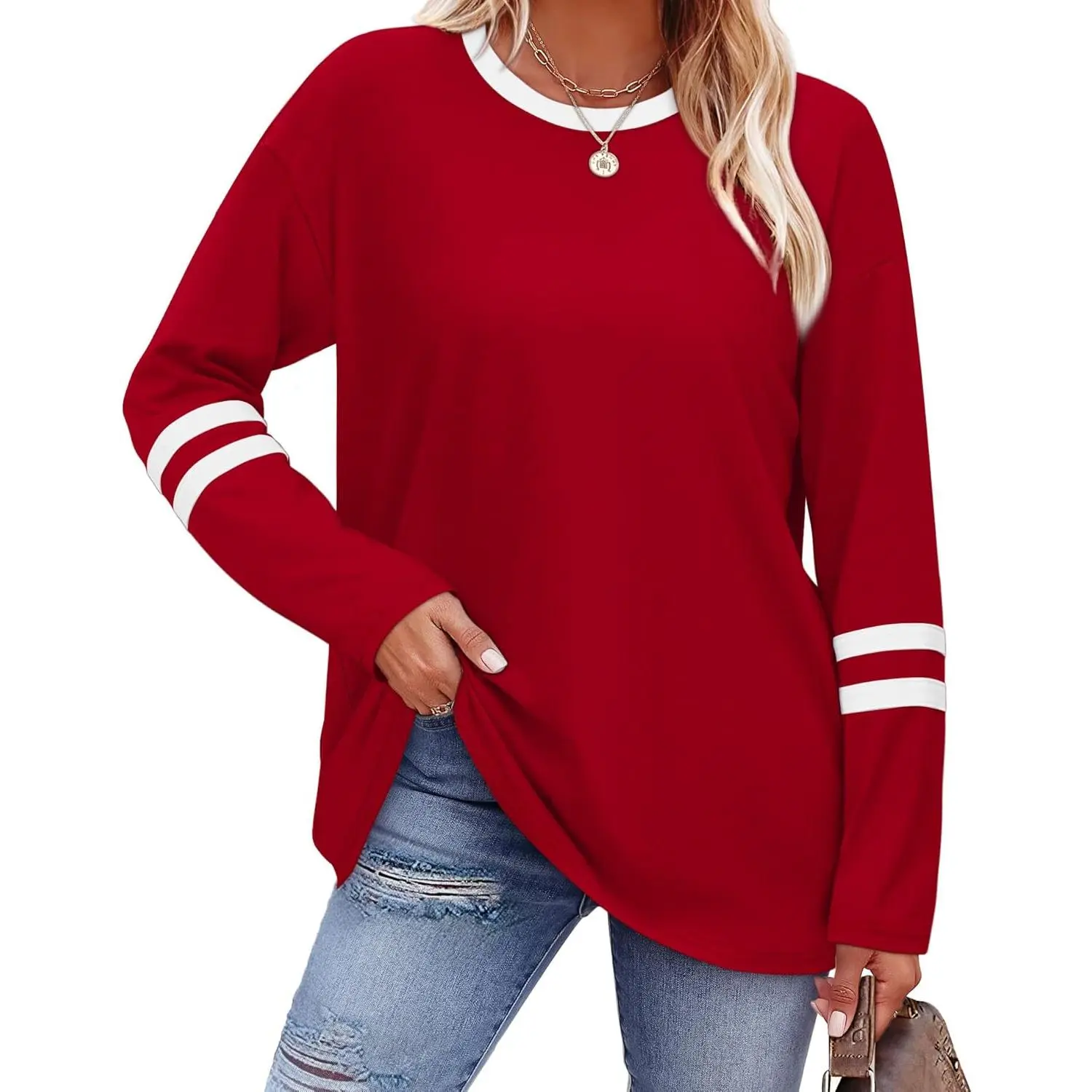 Women's Color Block Long Sleeve Basic Tees - 2025 Fall Casual Trendy Tops (0.5kg), Outdoors, Sporty Chic, Café Meets, Gym Aesthetic, Business, Colorblock, Tunic, Athletic