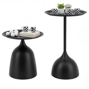 2-Piece Round Side Table Set (23.6" & 16.9" Tall), Black Iron End Table with Raised Edges & Stable Base, Space Saving Modern Accent Table for Living Room, Bedroom, Office, Balcony, Couch & Sofa Side