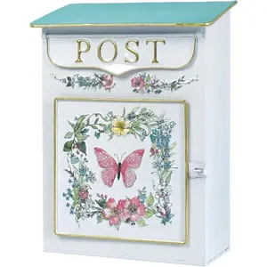 Wall Mount Vintage Metal Outside Mailboxes, Antique Style Butterfly Pattern White Drop Box for House, Nostalgic Charm Decorative Mail Box for Home Outdoor Decor