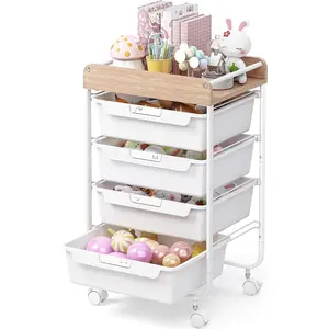 Rolling Storage Utility Cart with 4 Drawers,Kids Craft Art Cart,Makeup Organizer and Storage with Wooden Tabletop,White
