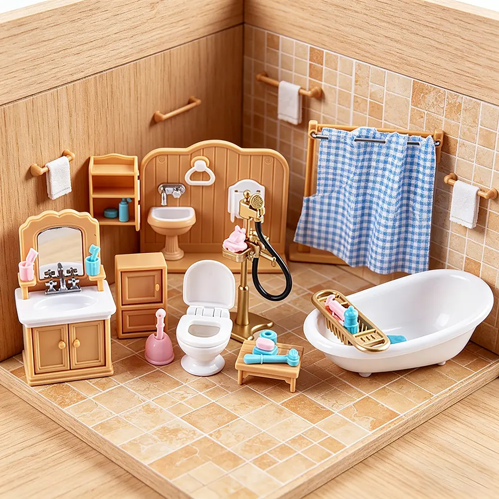 Dollhouse Bathroom Toy Set - Doll House Accessory with Bathtub, Shower Curtain, Toilet, Sink, Toiletries, Miniature Scene Model Ornaments - Ideal for Children's Birthday, Christmas Gifts