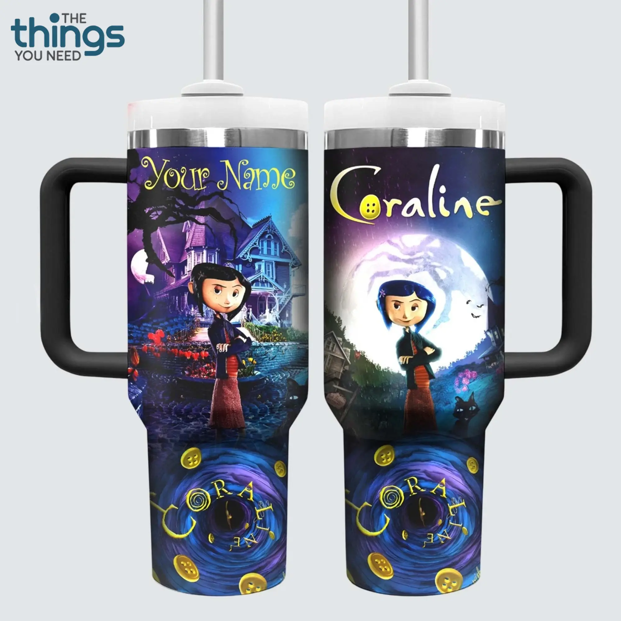 Black Coraline V 20oz - 40oz Tumbler Stainless Steel with Straw, Double Wall Insulated, With Handle – Epic Cartoon Movies Series Design, Perfect Gift for Fans