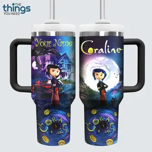 Black Coraline V 20oz - 40oz Tumbler Stainless Steel with Straw, Double Wall Insulated, With Handle – Epic Cartoon Movies Series Design, Perfect Gift for Fans