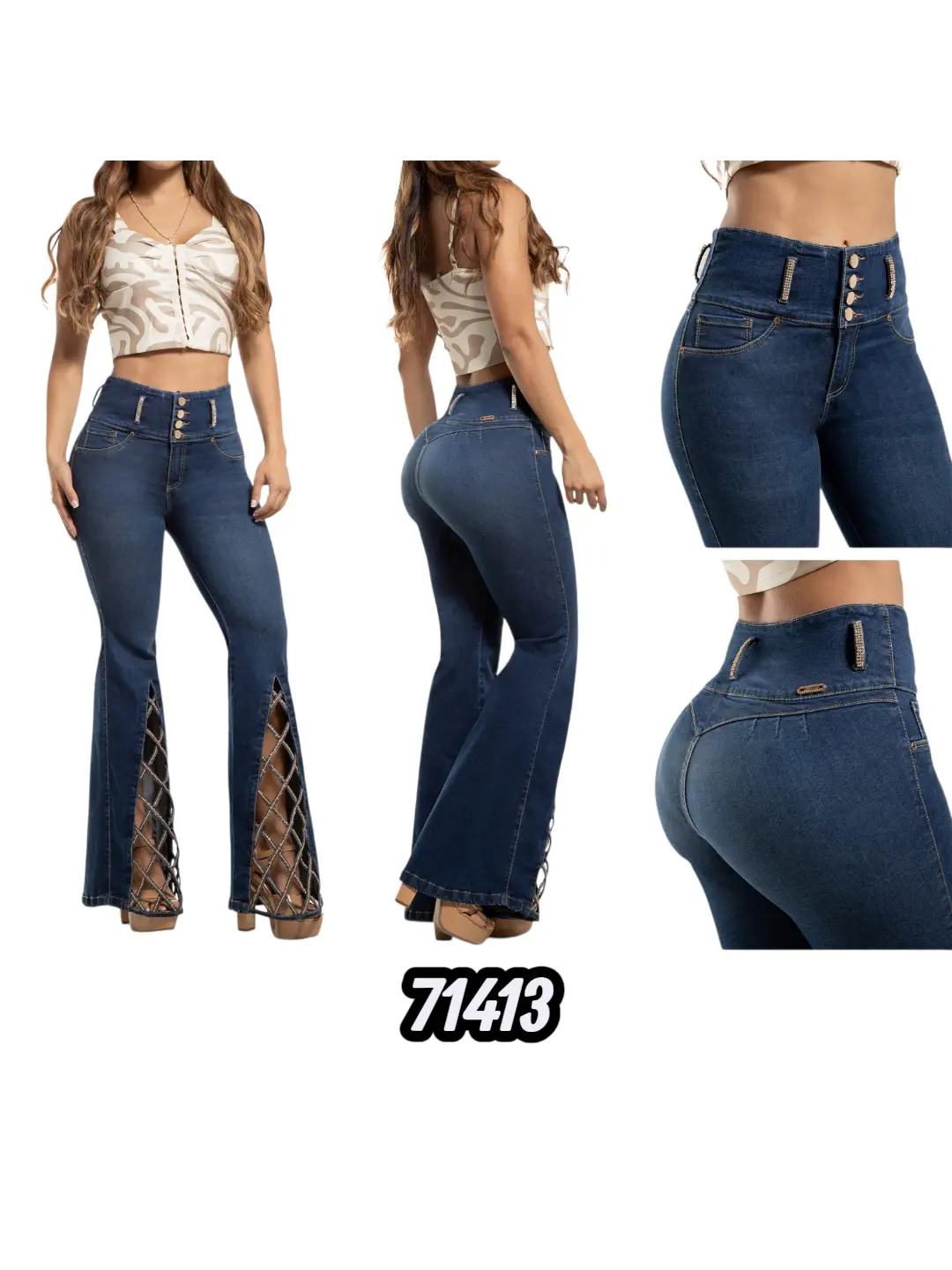 Colombian Jeans Bell-bottom design decorated with rhinestones Blue Fabric Everyday Style Denim Womenswear Trouser Basic Pants