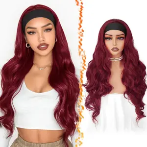 Long Wavy Burgundy Headband Wig - 26 Inch Burgundy Red Loose Body Wave Headband Wig for Women - Synthetic Wear and Go Glueless Soft Lightweight Natural Looking Easy Wear Wigs