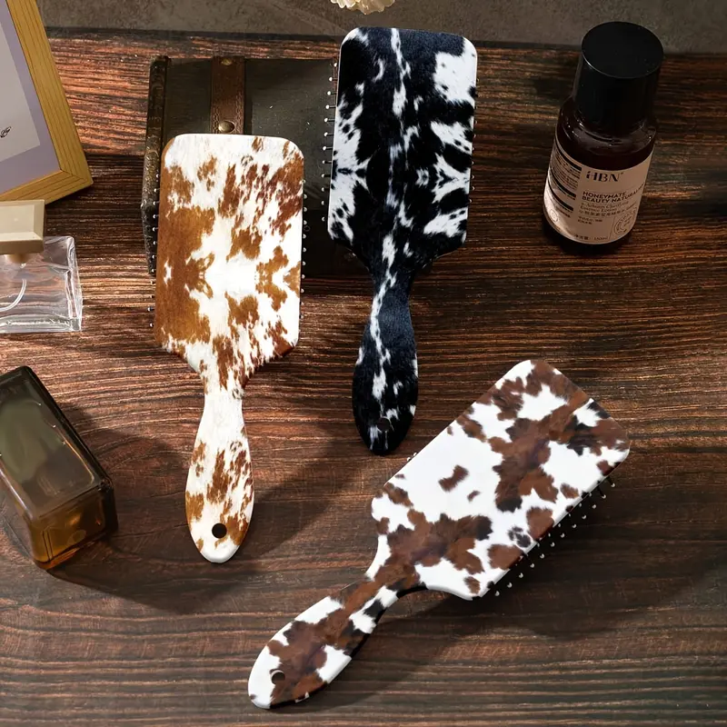 Cow Spot Pattern Anti Tangle Detangler Hairbrush for Girls - Large ABS Air Cushion Paddle Comb, Brown & White Design, Nylon Bristles for Gentle Brushing, Scalp Massage & Hair Styling on Normal Hair