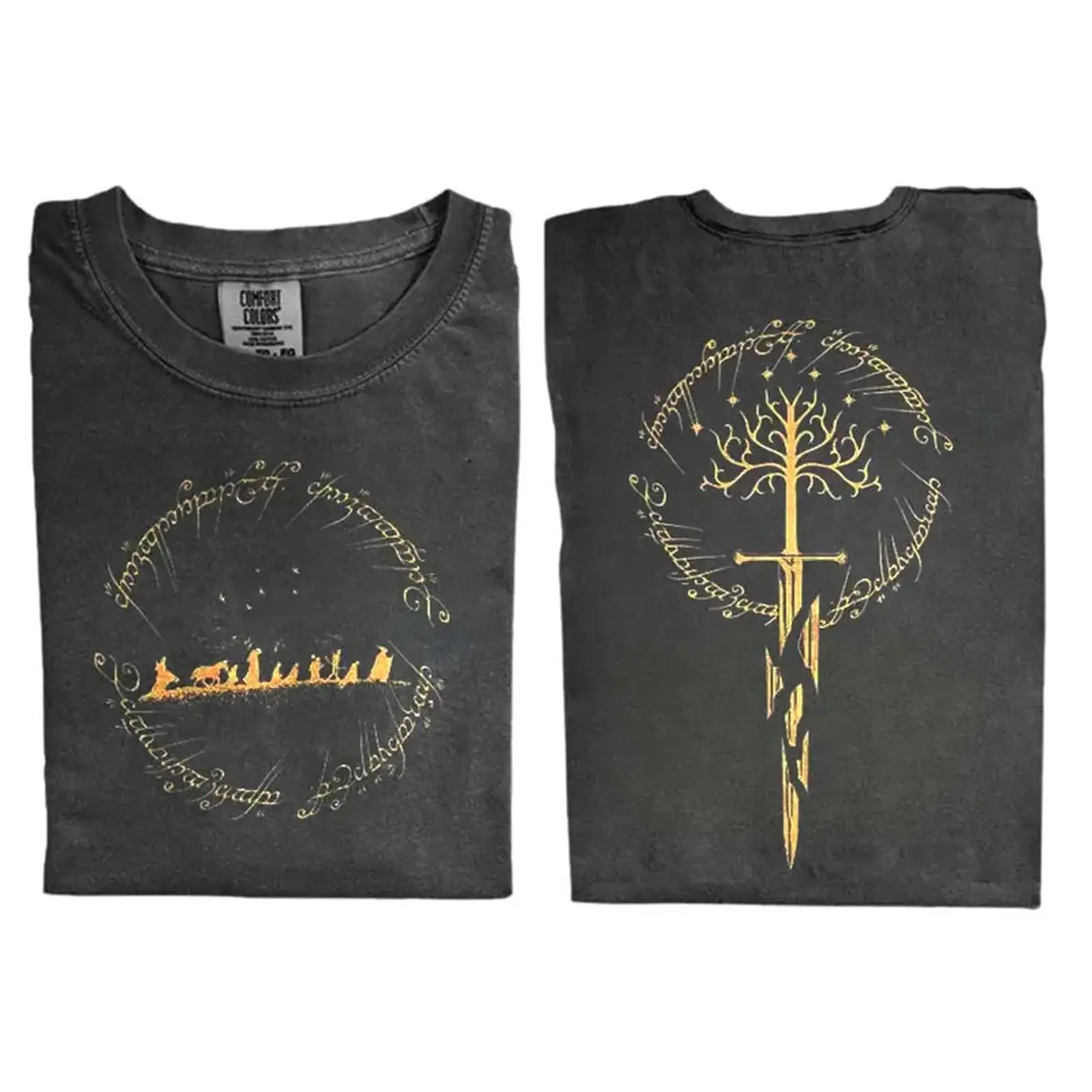 Vintage Elvish Ring of Power LoTR 2 Sided Comfort Color Tee Ring Spun Cotton Casual Soft Washed T-Shirt Trendy Tops for Perfect Gift