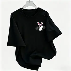Women's Casual Loose  Round Neck T-Shirt, Cute Rabbit Weightlifting Print, 100% Cotton Fabric, Soft Breathable, All Seasons Wear