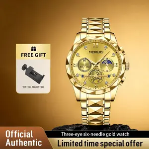 MEIRUIQI Fashion Men's Watch Blue Dial Gold Frame Business Quartz Watches Multi-function Waterproof Wristwatch for Mainland China Free Gift Watch Adjuster