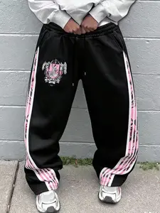 American Sweet Cool Style Badge Print Sweatpants, Streetwear and Y2K Atmosphere, Casual Fitted Pants for All Seasons