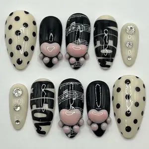 Music Press On Nails, Black White Polka Dots, Notes & 3D Hearts
