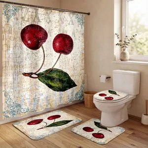 4Pcs Shower Curtain Set Red Cherries, Green Leaf, Vintage Background, Bathroom Sets with Rugs, Christmas Halloween Thanksgiving, Bathroom Decor, Rustic Red Cherries With Green Leaf On Distressed Beige Background