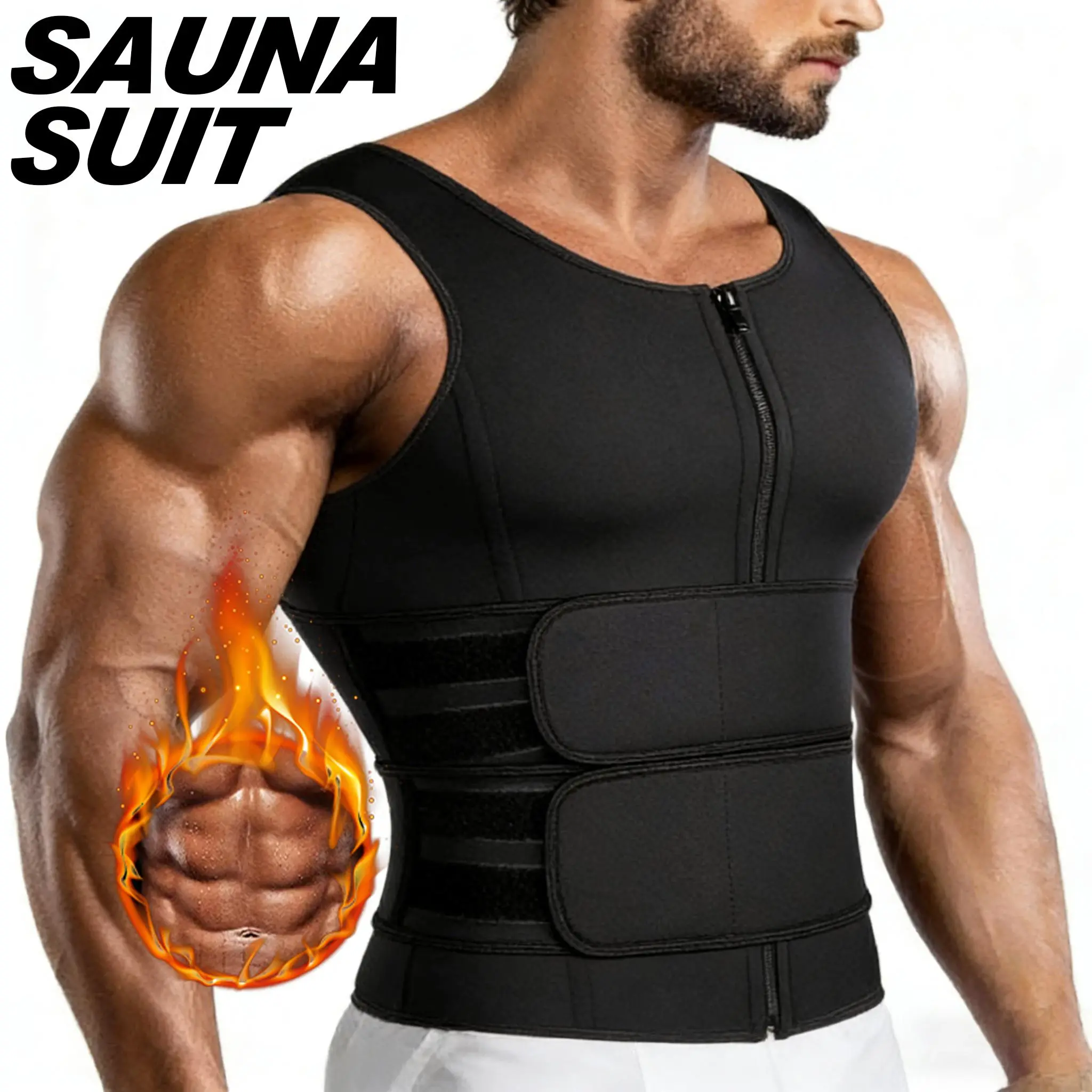 Men's Sauna Sports Vest for Waist Training, Neoprene Compression Body Shaper with Zipper, Double Belt, and Tummy Control, Breathable Vest, Sweat Enhancer Men's Sports Vest