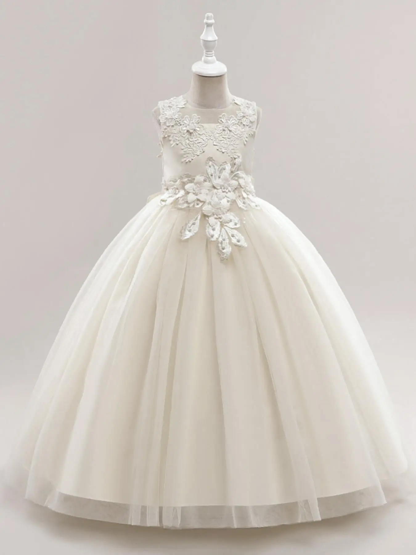 Girl's Faux Pearl Decor Contrast Mesh Appliques Party Dress, Elegant Bow Back Sleeveless Tulle Dress for Wedding Guest Photo Shoot, Kids Clothing for