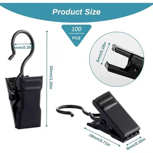 Durable Metal Curtain Clips 100PCS, Black Clips with Hooks, Shower Curtain Hooks Clips, Hanging Curtain for Bedroom, Home Decoration