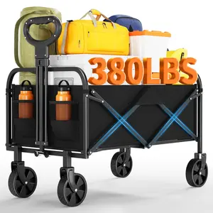 Wagons Carts Foldable 380 LBS, Utility Collapsible Wagon with All-Terrain Wheels, Drink Holders & Adjustable Handle, for Shopping, Camping, Black
