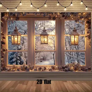 2D Flat 1pc Winter Window Backdrop Snowy Landscape Party Decoration Open Window Design No Electricity Needed Easy Hang Setup for Christmas Weddings Home Durable Polyester Fabric Holiday Banner Sea Ornaments Seasonal