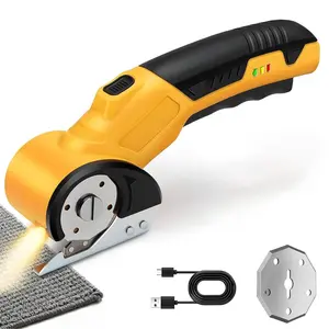 Cordless Electric Scissors 4V – Rechargeable Heavy Duty Cutter with Safety Lock, LED Light, Long Battery Life & 2 Extra Blades | Easy-to-Use Wireless Shears for Cardboard, Packaging Yellow with Storage Bag