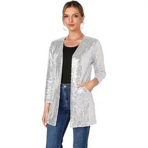 Women's Sequin Jacket Long Sleeve Open Front Blazer Glitter Sparkly Coat Party Casual Cardigan